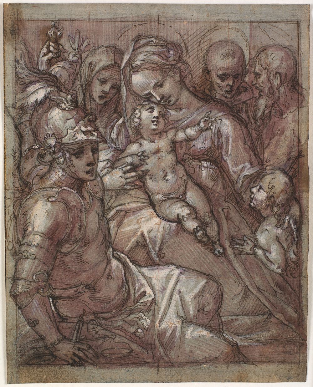 Virgin Mary and the baby Jesus with John the Baptist as a boy, Bernardino of Siena (?), Catherine of Siena, the archangel…
