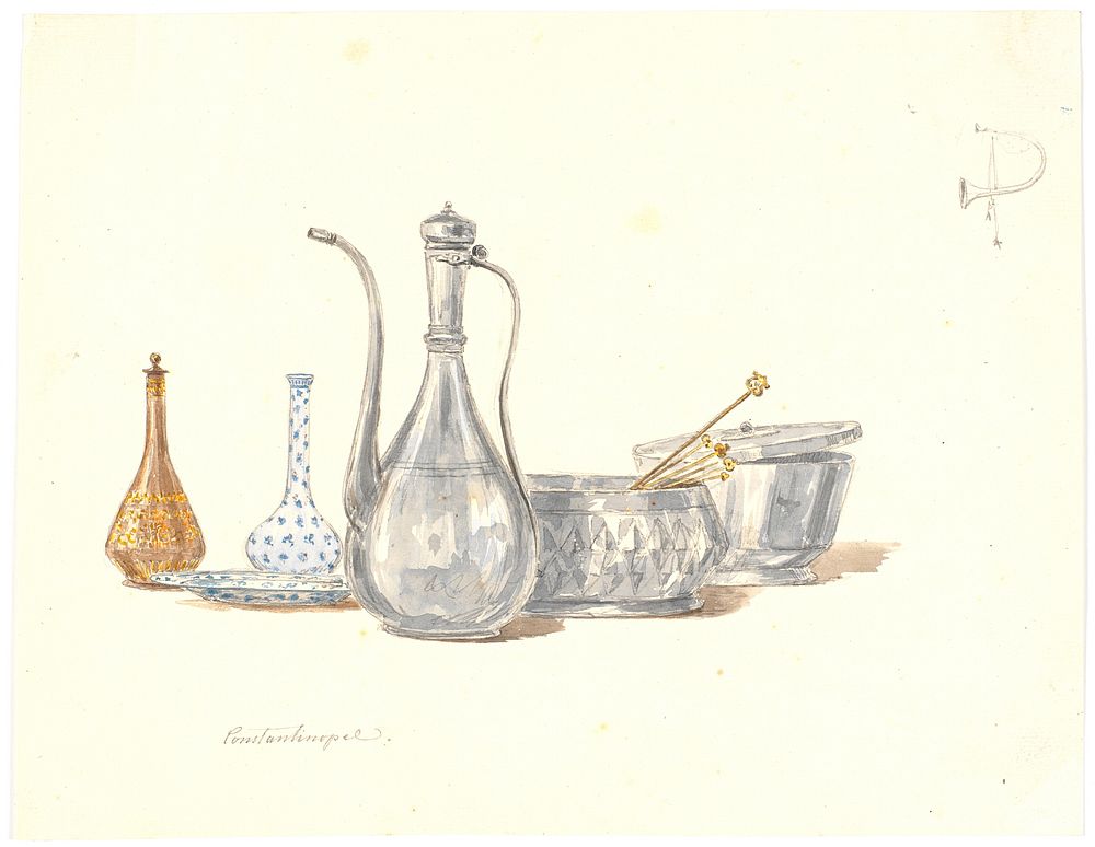 Turkish vessels, a jug and two flasks by Martinus Rørbye