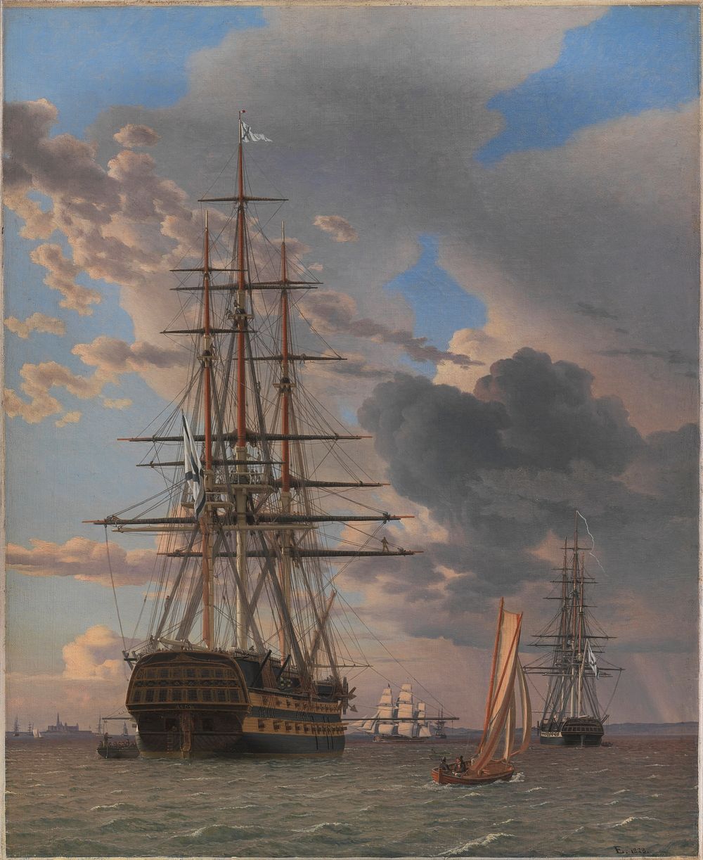 The Russian liner "Asow" and a frigate at anchor on Helsing&oslash;r's red by C.W. Eckersberg