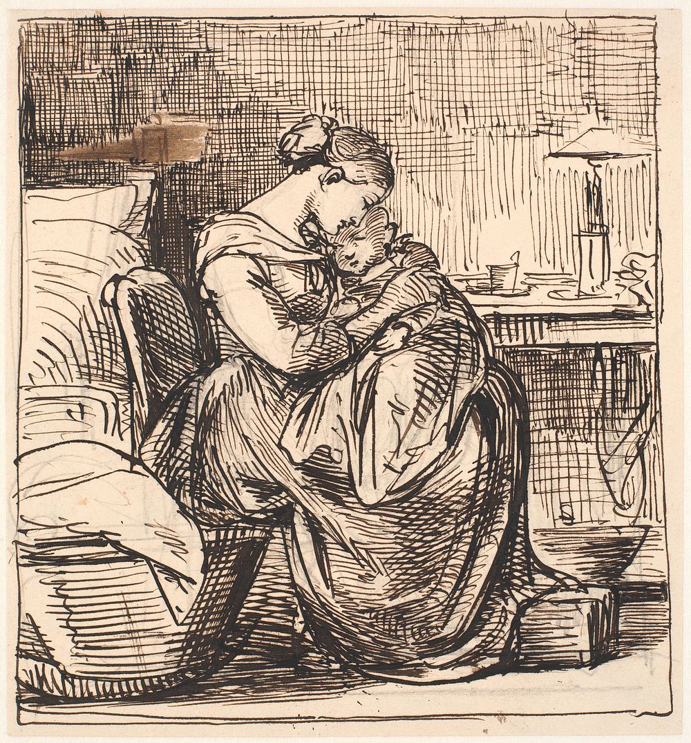 Mother with sleeping child on her lap in bedroom by Wilhelm Marstrand