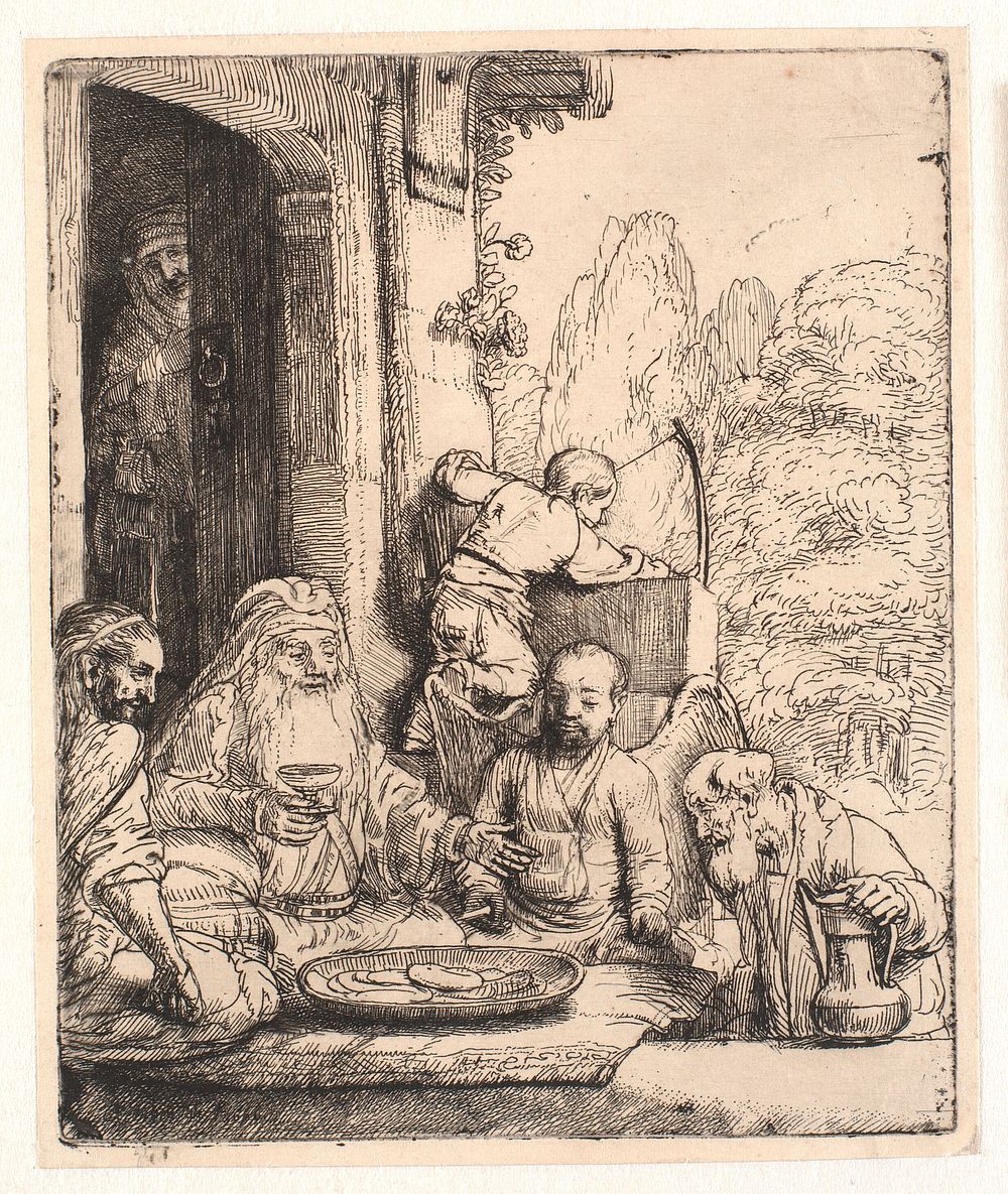Abraham hosts the angels by Rembrandt van Rijn