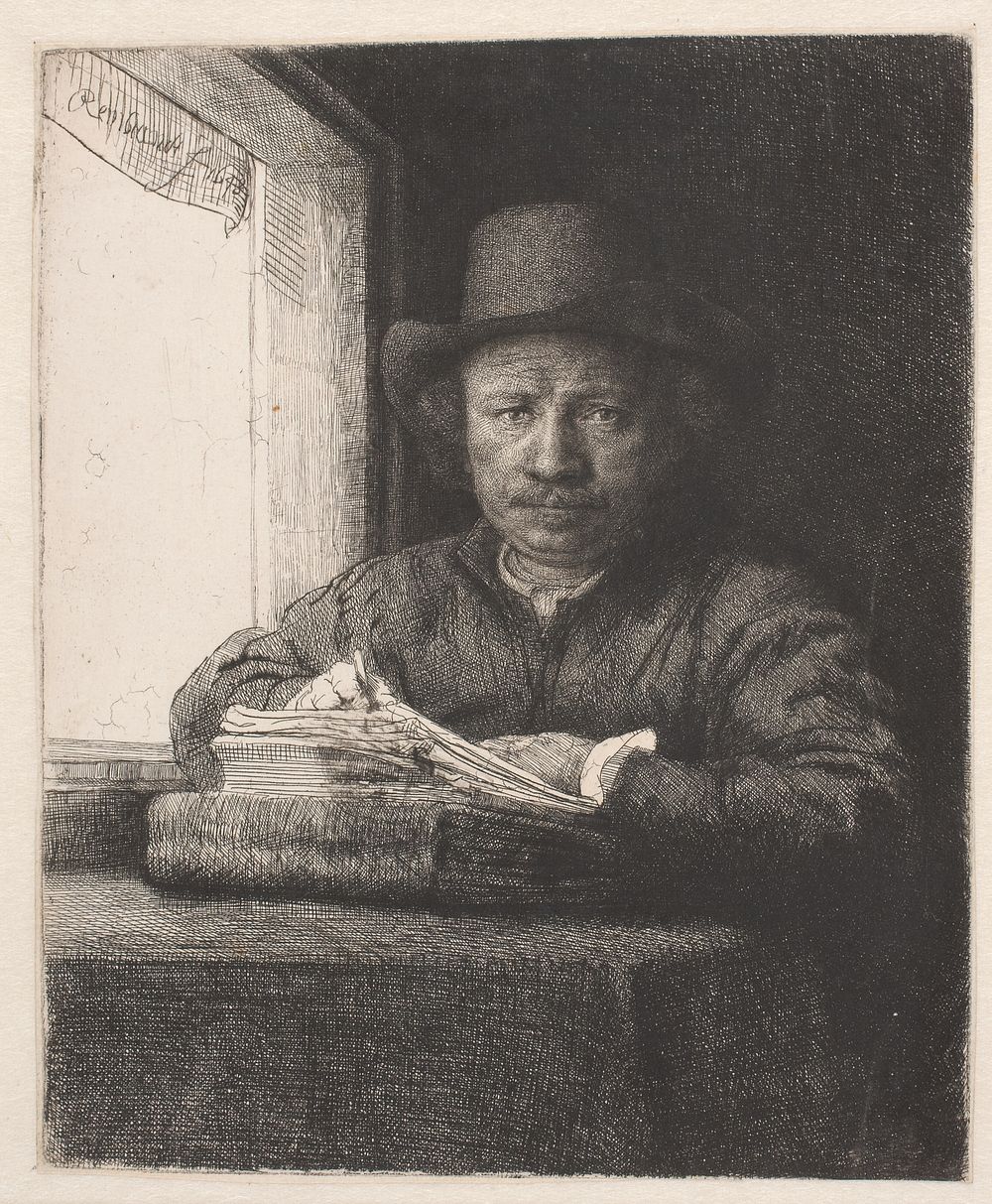 Rembrandt, drawing at a window by Rembrandt van Rijn