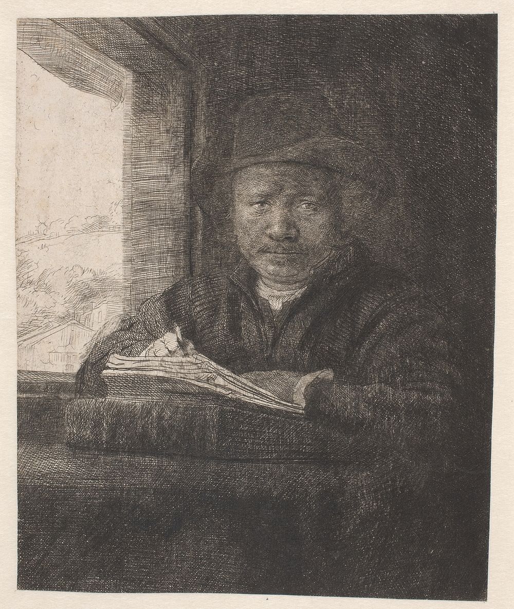 Rembrandt, drawing at a window by Rembrandt van Rijn
