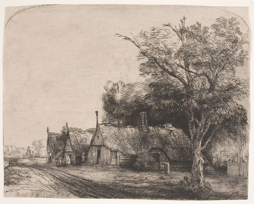 Landscape with three cabins by Rembrandt van Rijn
