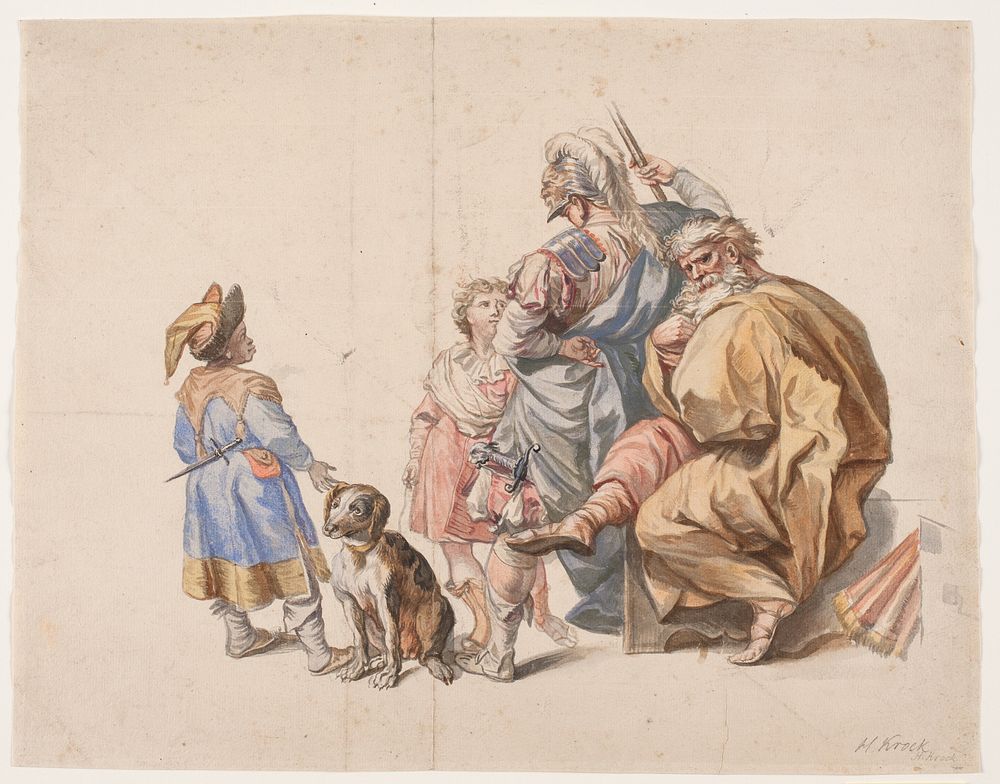 Figure composition with black court jester and dog by Hendrik Krock