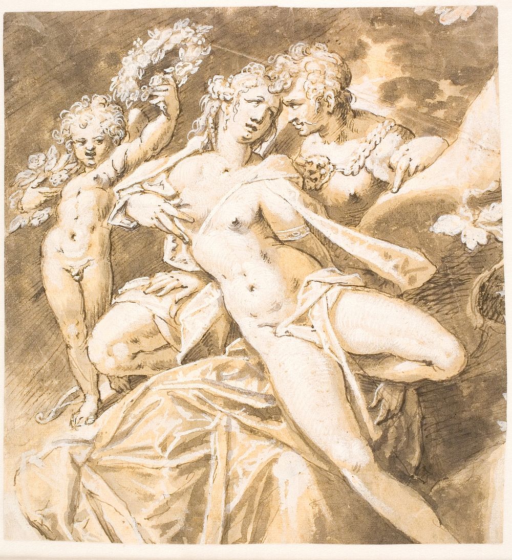 Mars caressing Venus;television.a cupid handing her a wreath by Hans Von Aachen