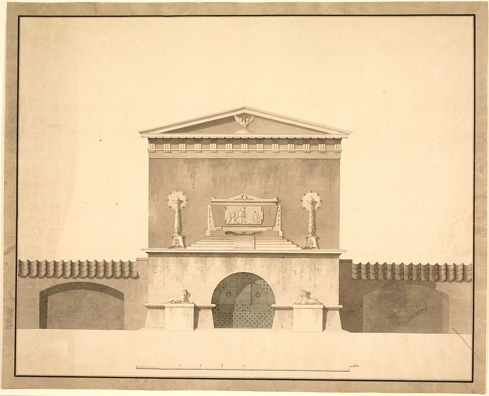 Draft for the Gandil tombstone, at Assistens cemetery.The facade with a sarcophagus, on which a relief with a man, woman and…