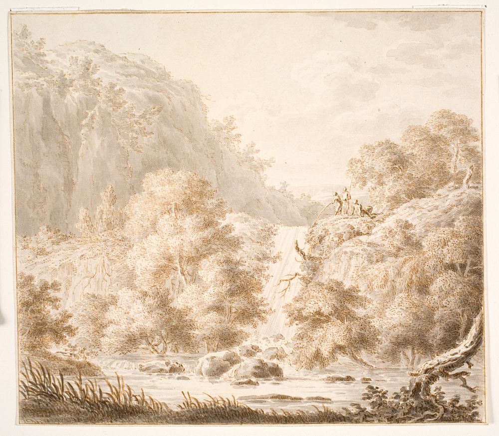 Mountain landscape with trees and waterfalls, and three figures by Thorsten Elias Hjaltelin