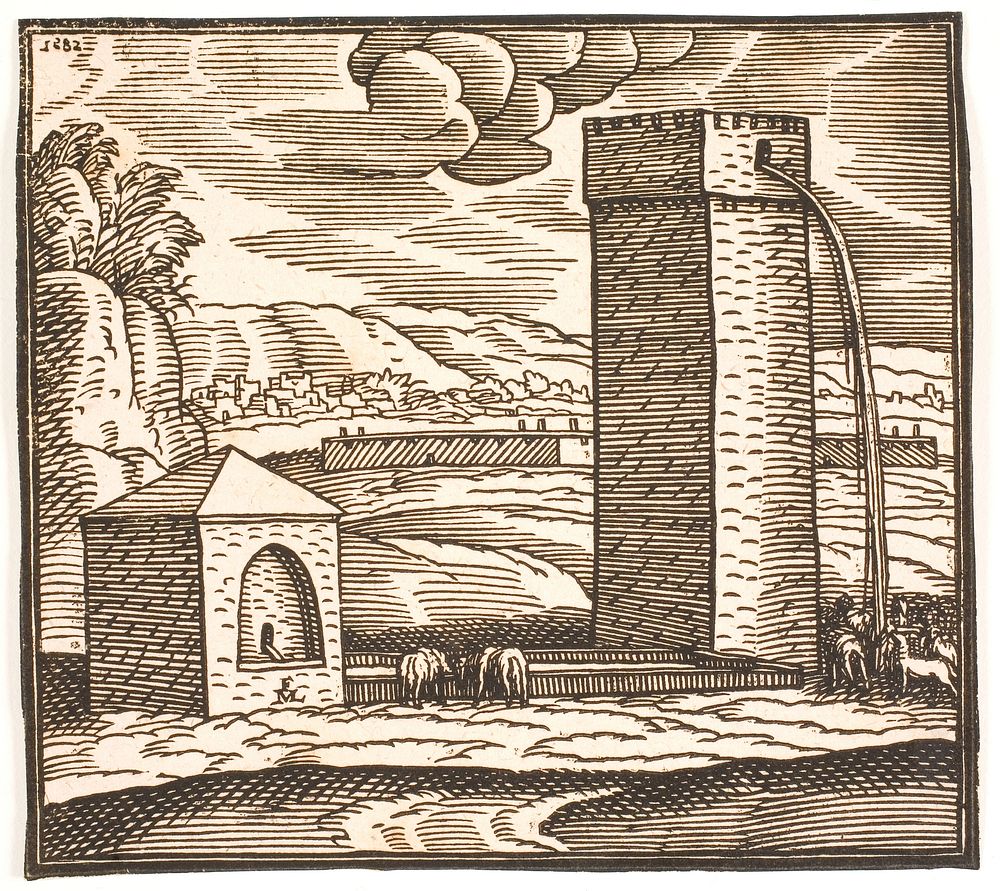 Landscape with well, watering trough and tall, rectangular tower, from the top of which water flows by Melchior Lorck