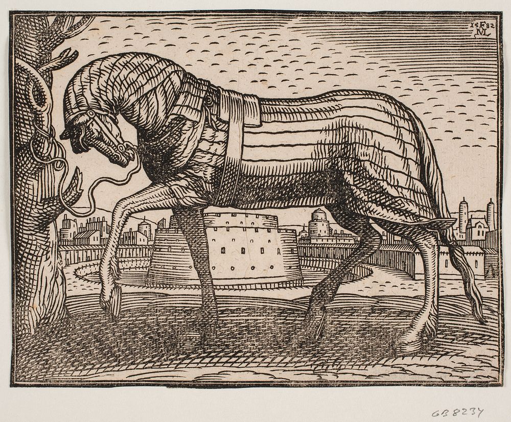 Horse, draped, profile to v., tethered to a tree;in the background city with cone-shaped castle in circular moat by Melchior…