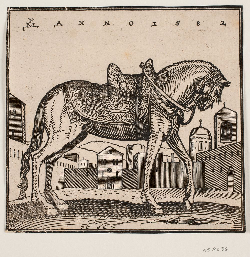 Elegant saddled horse, profile to right, on a rectangular square by Melchior Lorck