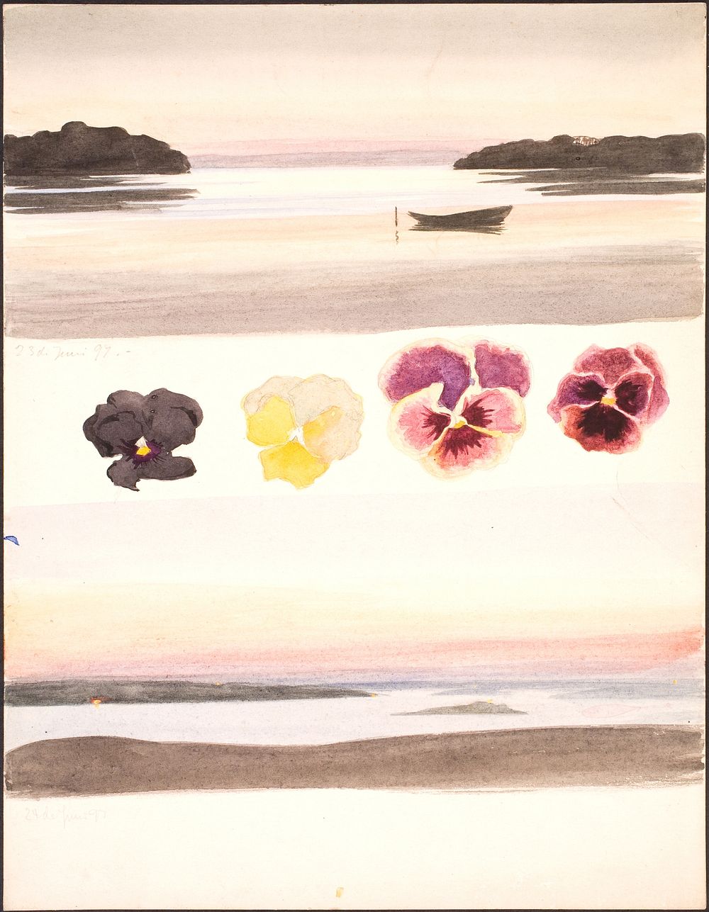 Two evening landscapes separated by studies of flowers by Agnes Slott-M&oslash;ller