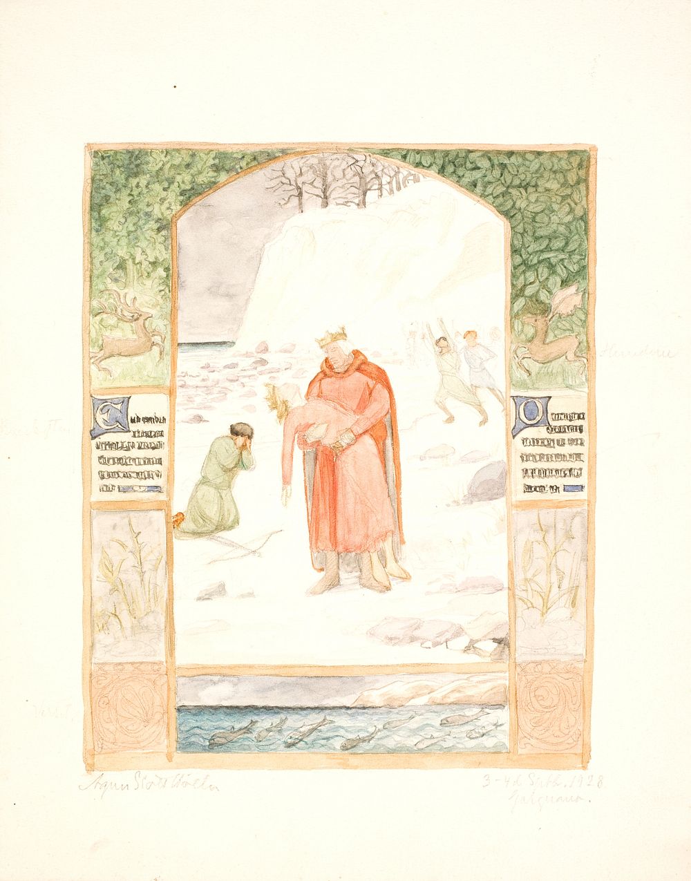 Early draft of Valdemar Sejr and the death of the young Valdemar by a wet shot by Agnes Slott-M&oslash;ller