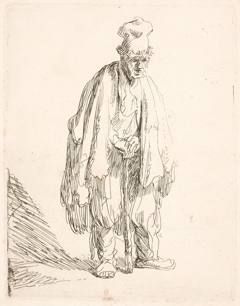 Beggar with tall hat, hands on a cane by Rembrandt van Rijn