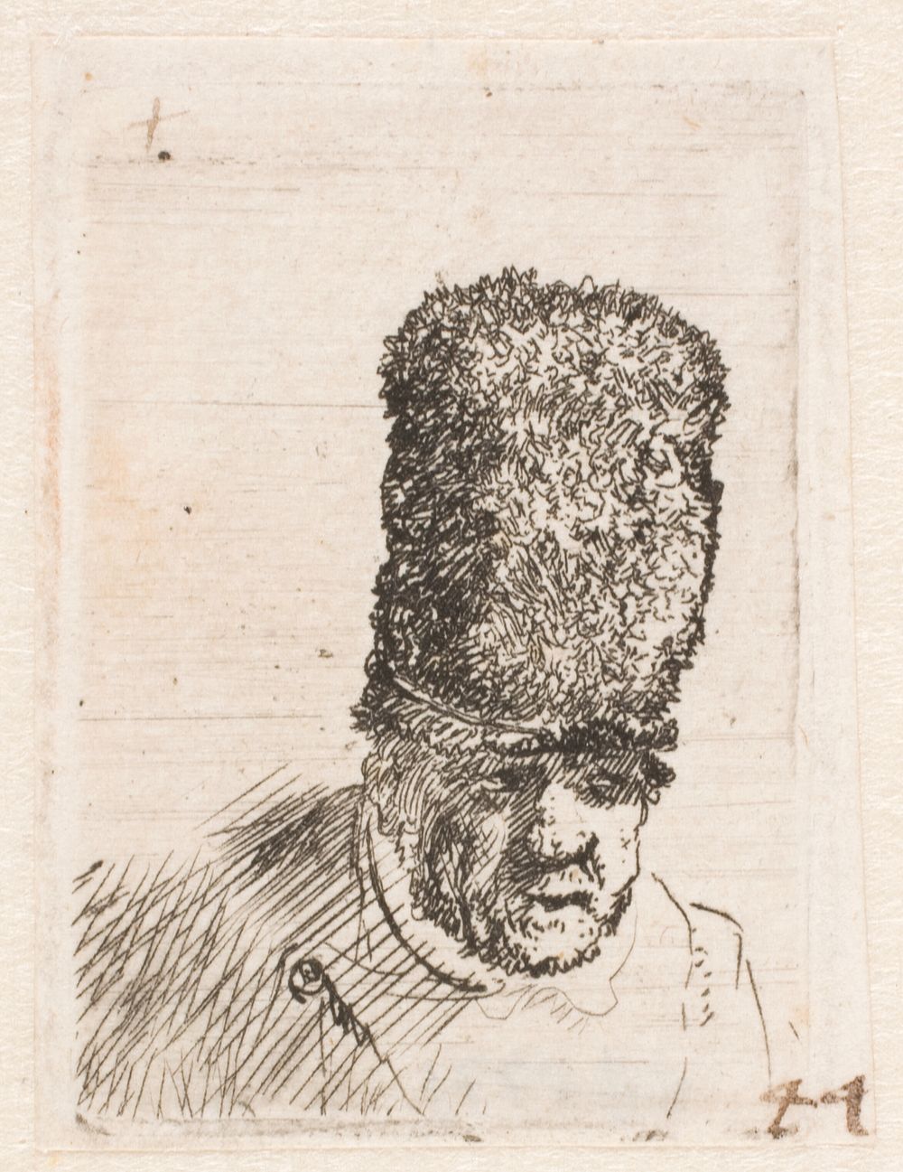 Head of old man with a tall fur hat by Rembrandt van Rijn