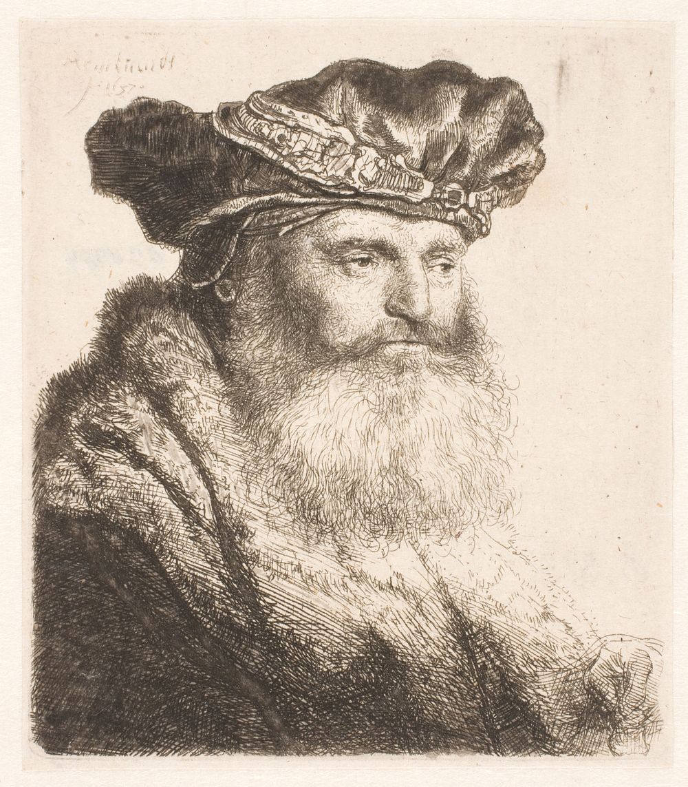 Portrait of bearded man with bejeweled beret by Rembrandt van Rijn