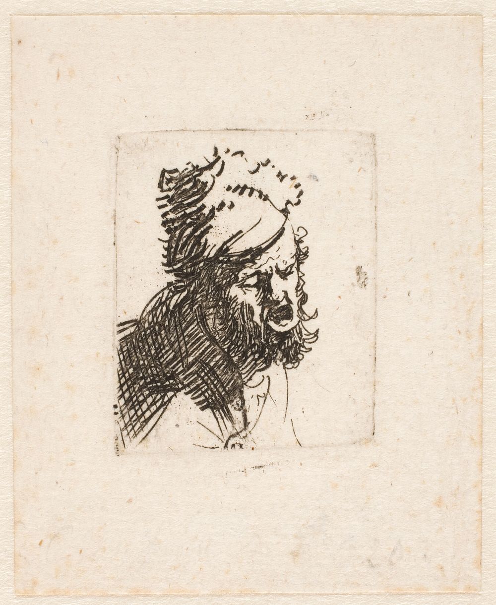 Head of shouting man with fur hat by Rembrandt van Rijn