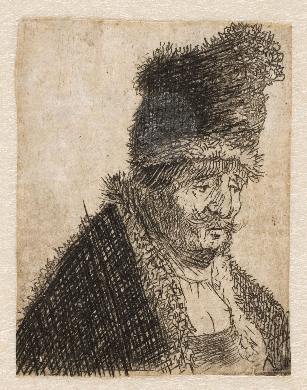 Head of old man with fur hat by Rembrandt van Rijn