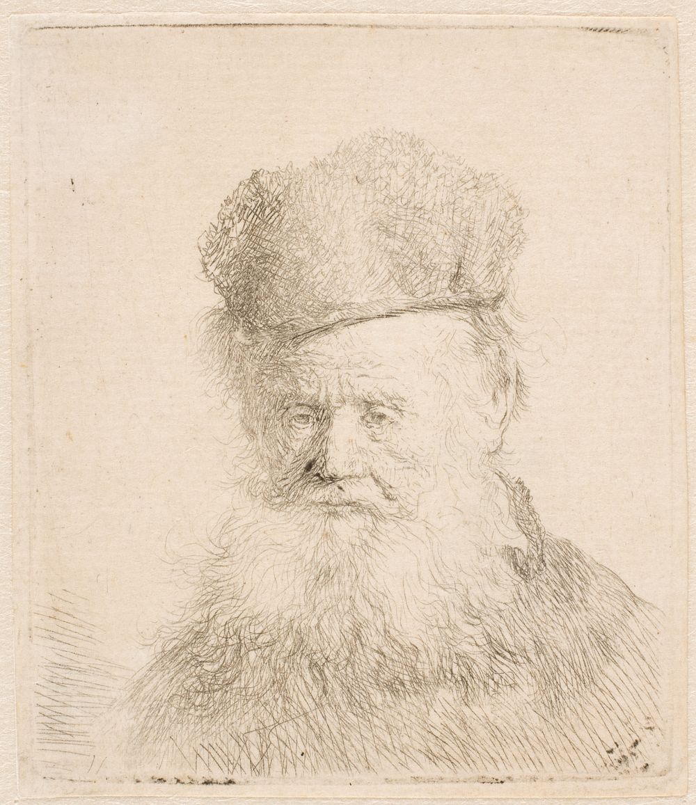 Old bearded man with fur hat by Rembrandt van Rijn