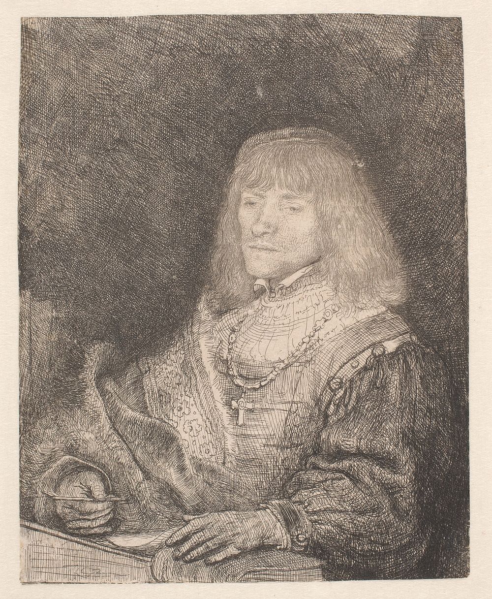 Young man with chain and cross at desk by Rembrandt van Rijn