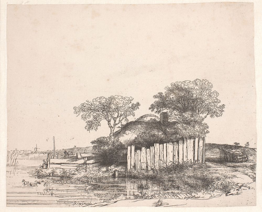 Landscape with a cabin behind white stilts by Rembrandt van Rijn