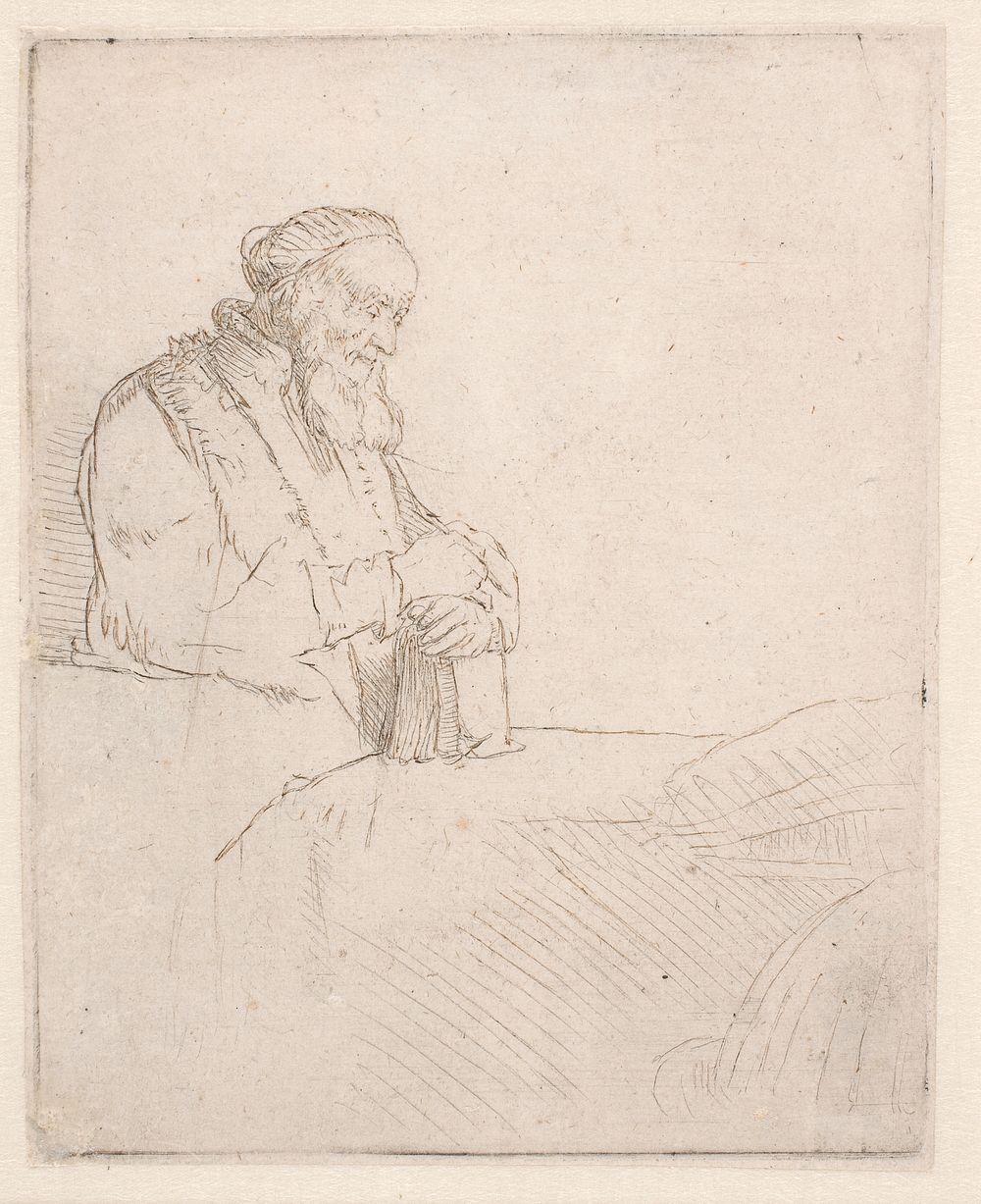 Old man, in thought with his hands on a book by Rembrandt van Rijn