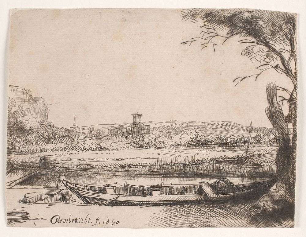 Canal with a large boat by Rembrandt van Rijn