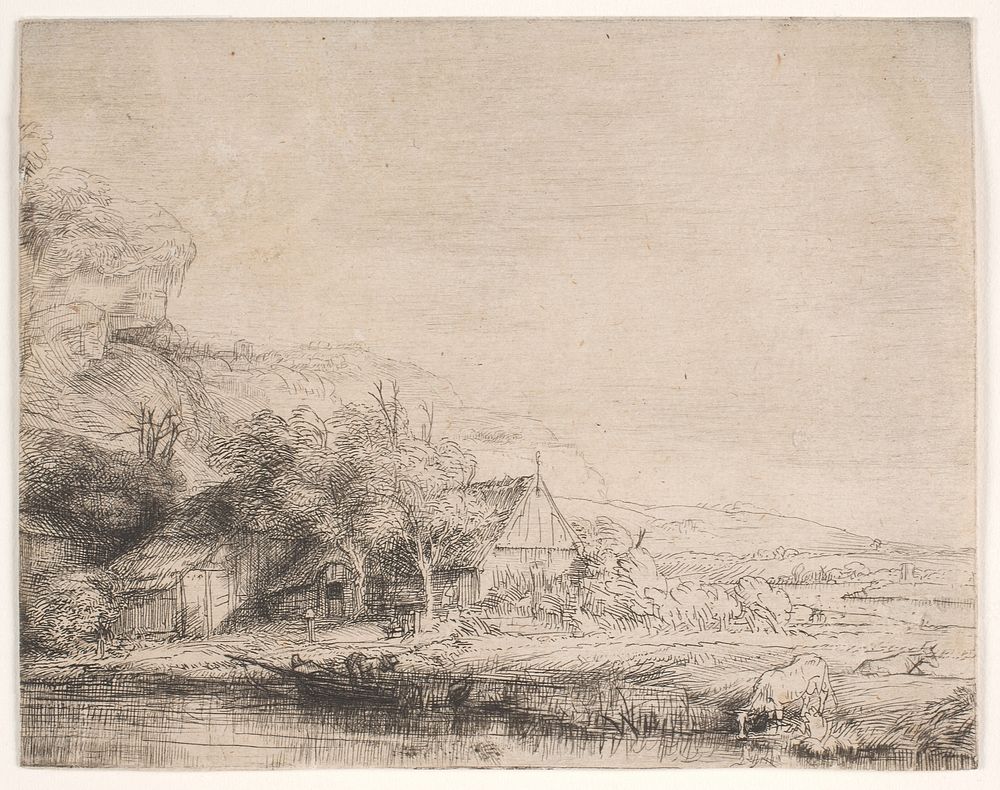Landscape with a drinking cow by Rembrandt van Rijn