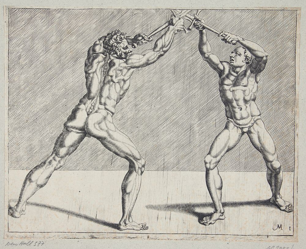 Two fencers in combat by Cornelis Bos