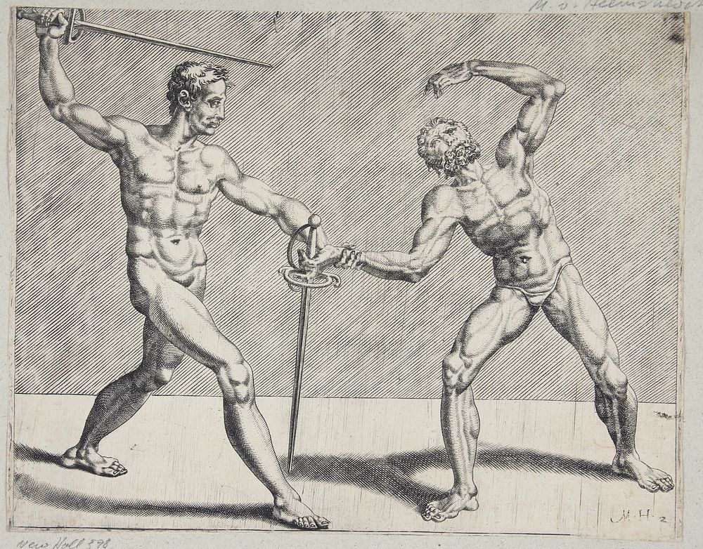 Two fencers in combat by Cornelis Bos