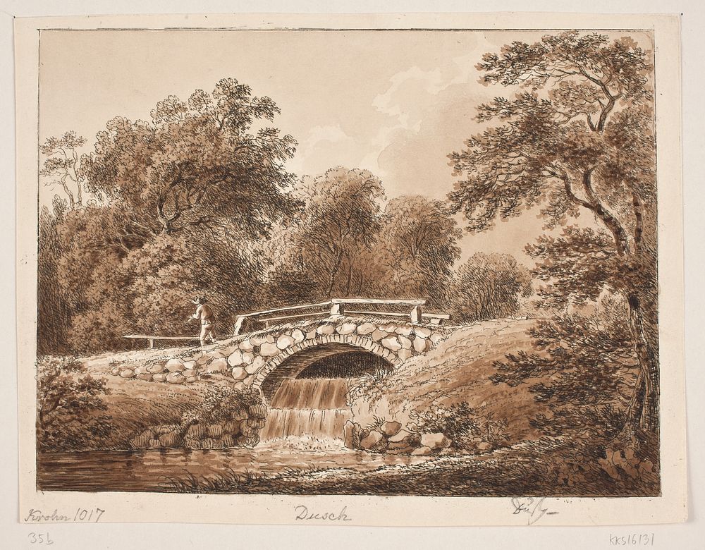 Woodland with a bridge over a stream by Anton Carl Dusch