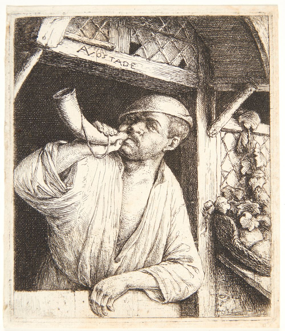 A baker blowing his horn by Adriaen Van Ostade