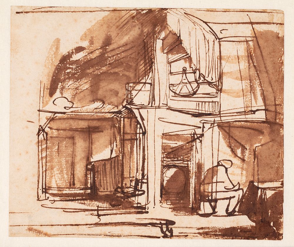 Interior with spiral staircase and seated man by Rembrandt van Rijn