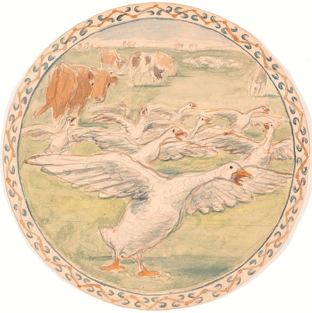 Grazing cows and squawking geese (draft for ceramic dish) by Theodor Philipsen