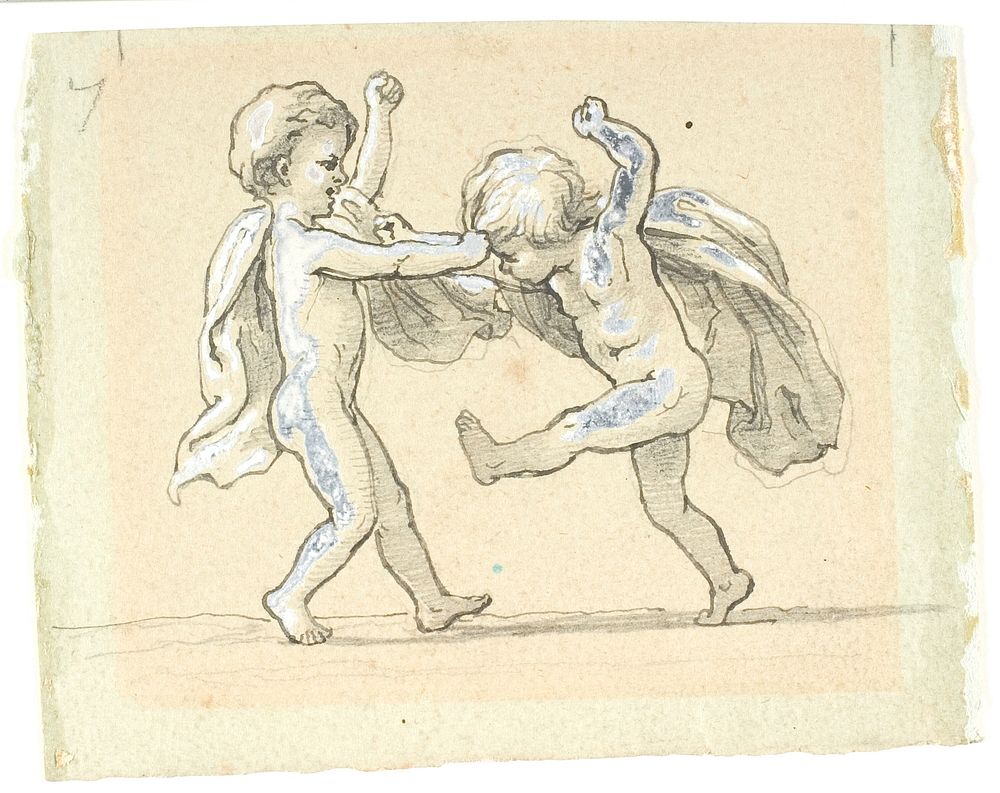 Vignette with two children fighting by Lorenz Frølich