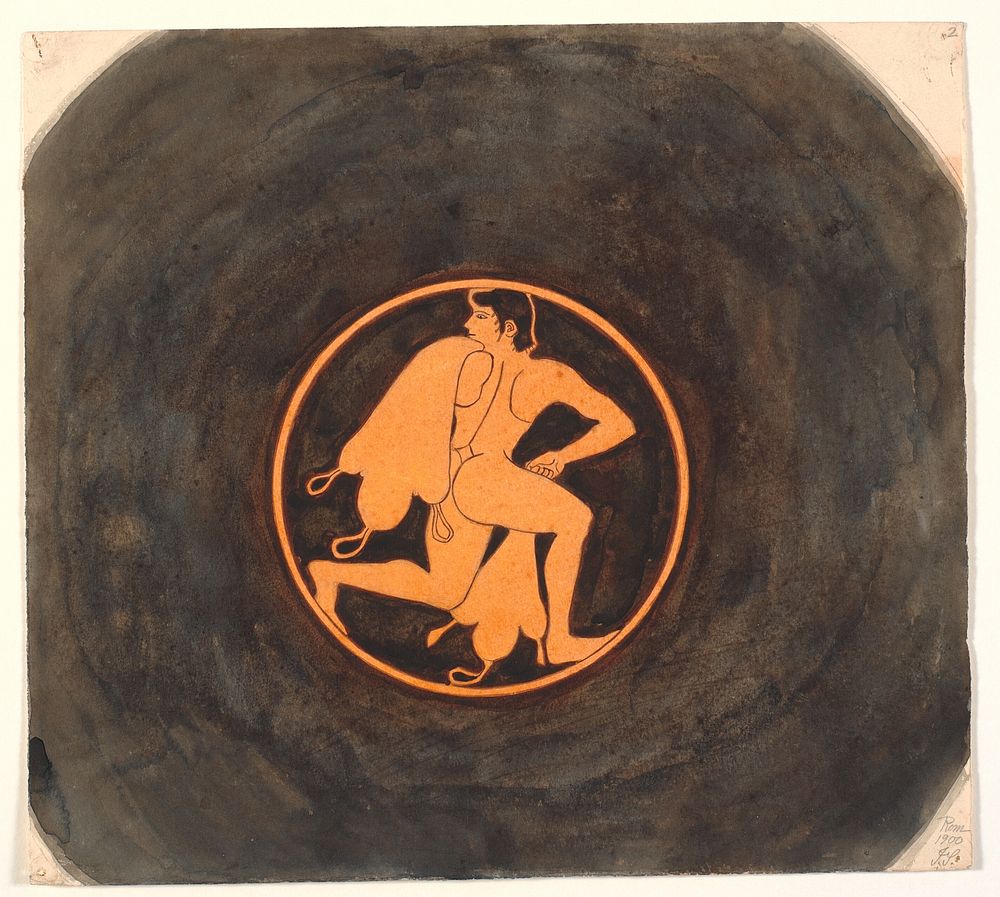 Copy of a Greek red-figure kylix with a painting of running youth with wine sacks by Joakim Skovgaard