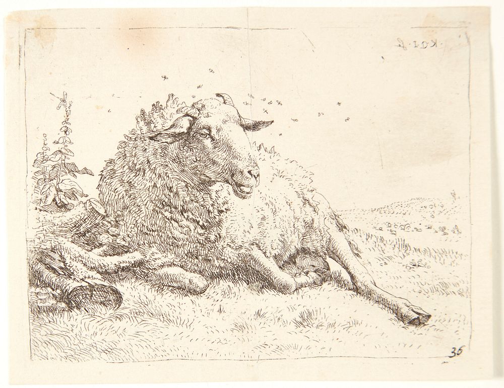 Lying sheep by a tree stump by Karel Du Jardin