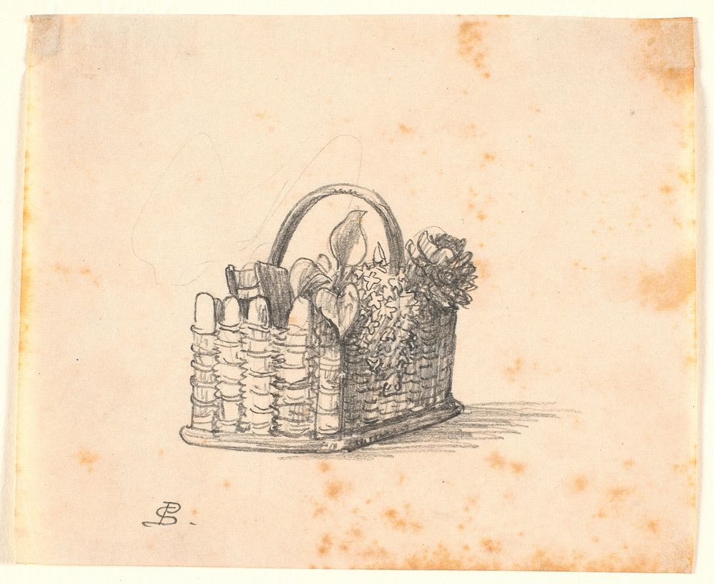 A wicker basket with plants and a book. by P. C. Skovgaard