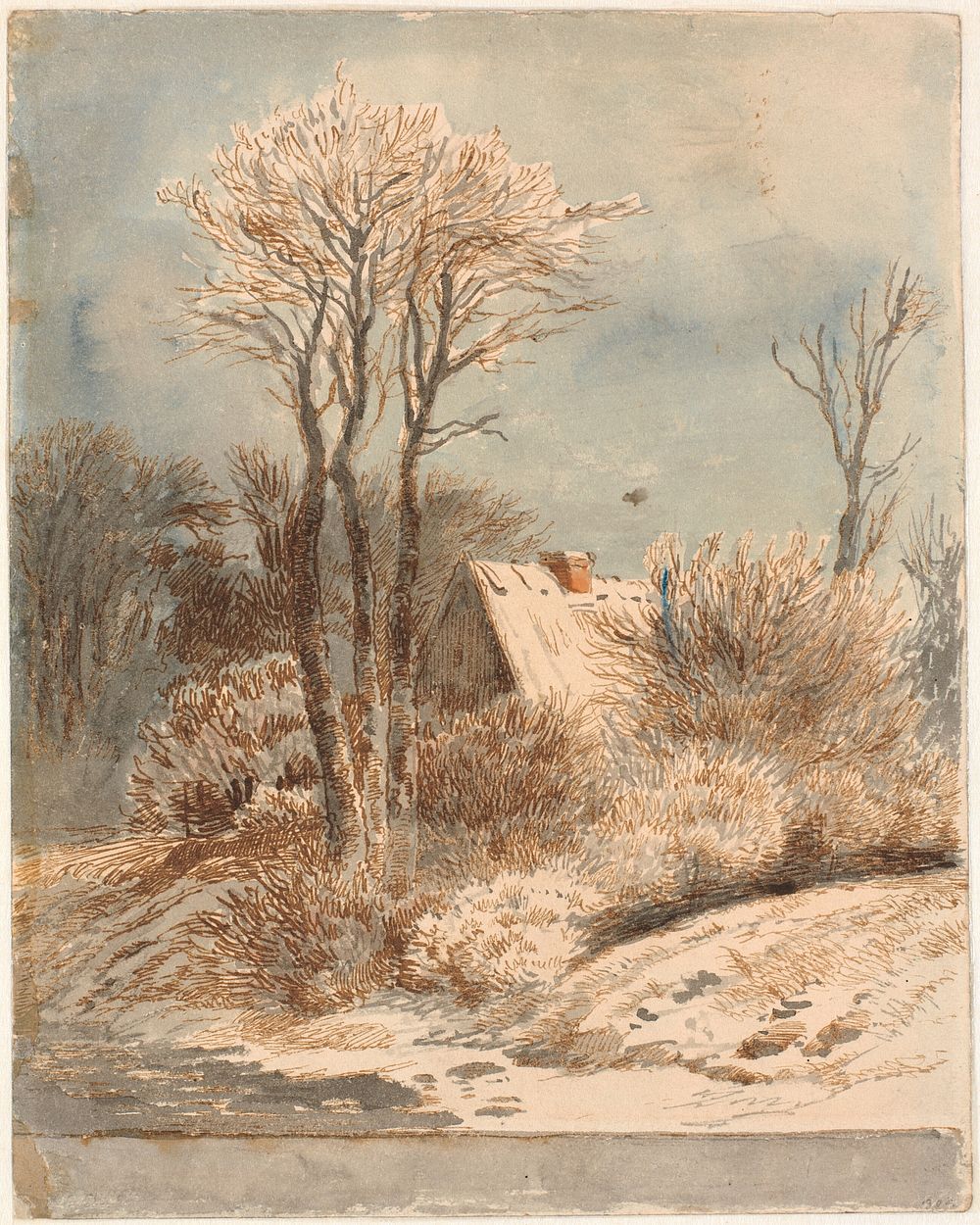 Snow landscape with house between trees by Johan Thomas Lundbye
