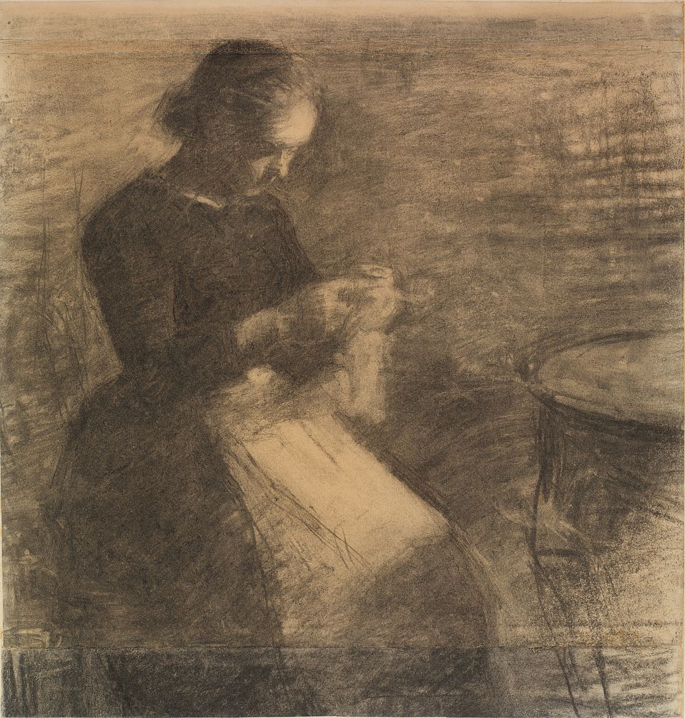 Portrait of Ida Hammershøi with needlework by Vilhelm Hammershøi