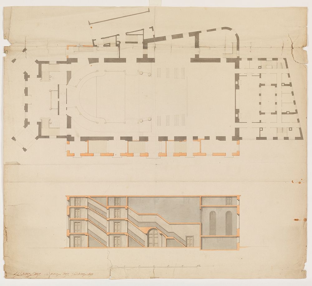 The RoyalTheater.Plan with central building, opera machine house, front building, spectator area, rear building and…