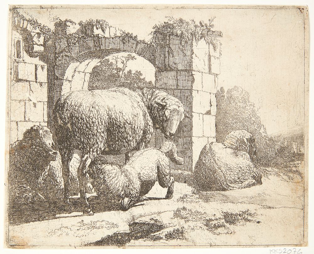 Sheep with suckling lamb at a Roman ruin by Johann Heinrich Roos