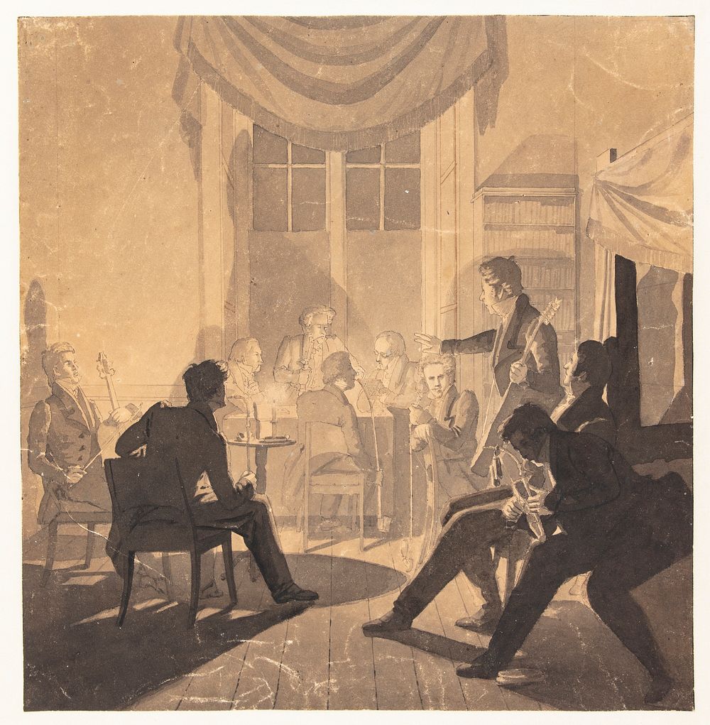 A tobacco company.Justitsråd Jürgensen's Sunday party by Wilhelm Ferdinand Bendz