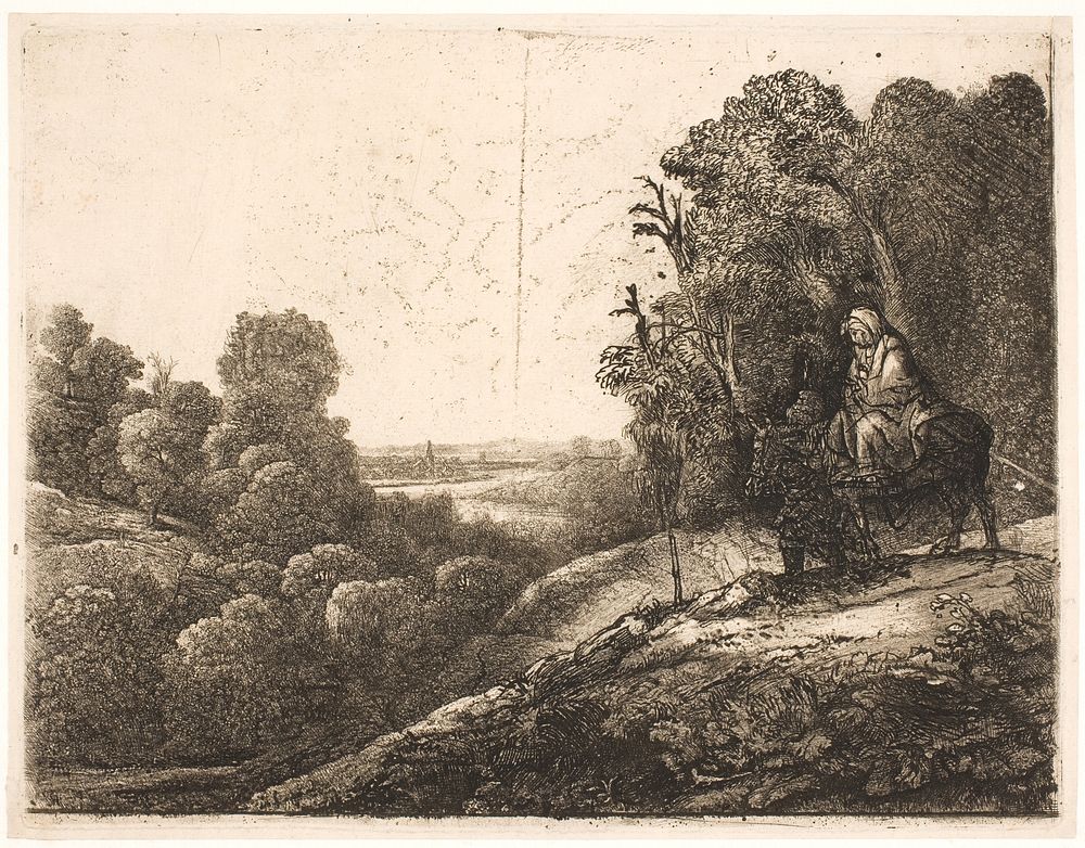 The flight to Egypt.The plate originally by Hercules Segers with Tobias and the angel by Rembrandt van Rijn