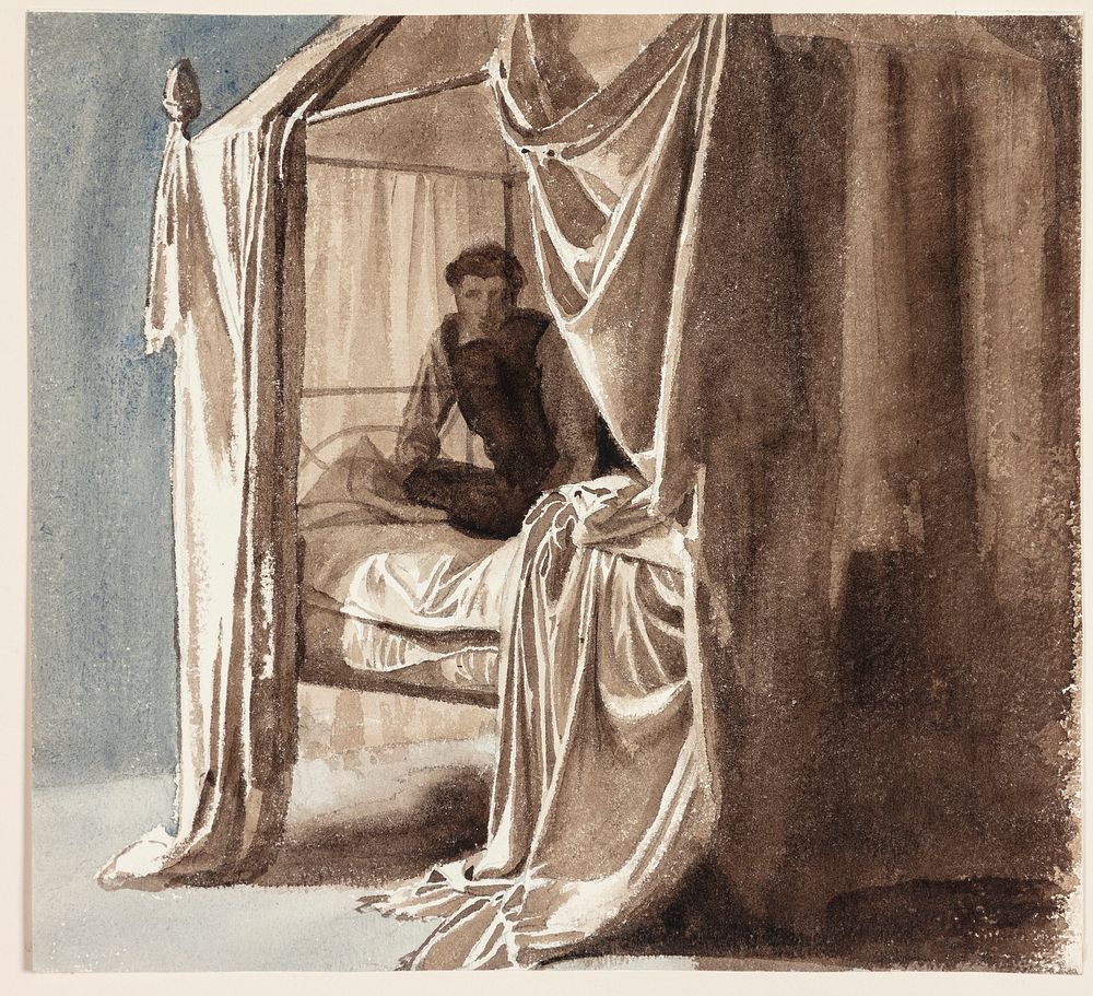 A bed with hangings. Study for the picture "Niels Ebbesen and Count Gert" exhibited 1868 by Carl Bloch