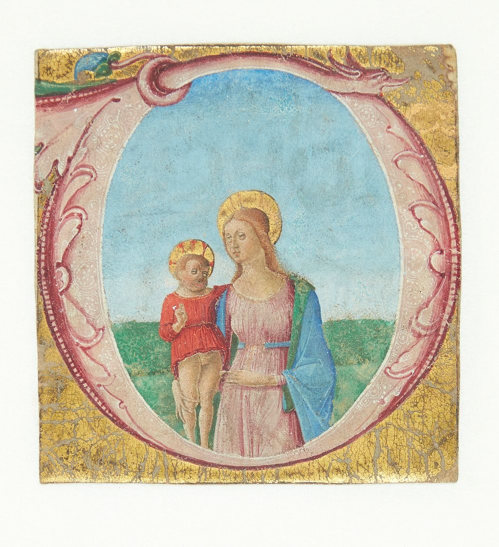 Ornamented initial O, in which i.a.includes a dragon head.In the initial a standing Madonna with child in landscape.Fragment…