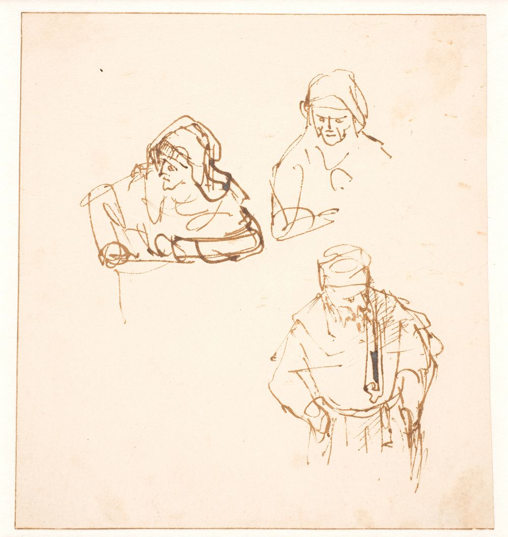 Sketch sheet with two studies of a woman and a third of a man by Rembrandt van Rijn