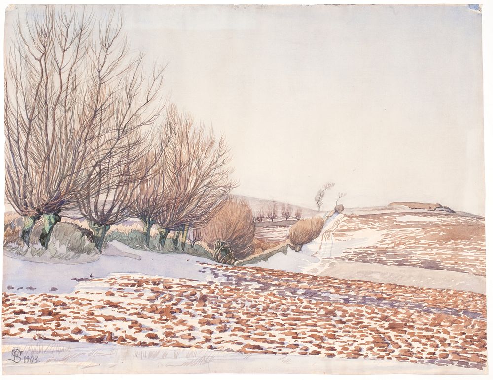 Landscape with willow trees and plowed field in snow by Fritz Syberg