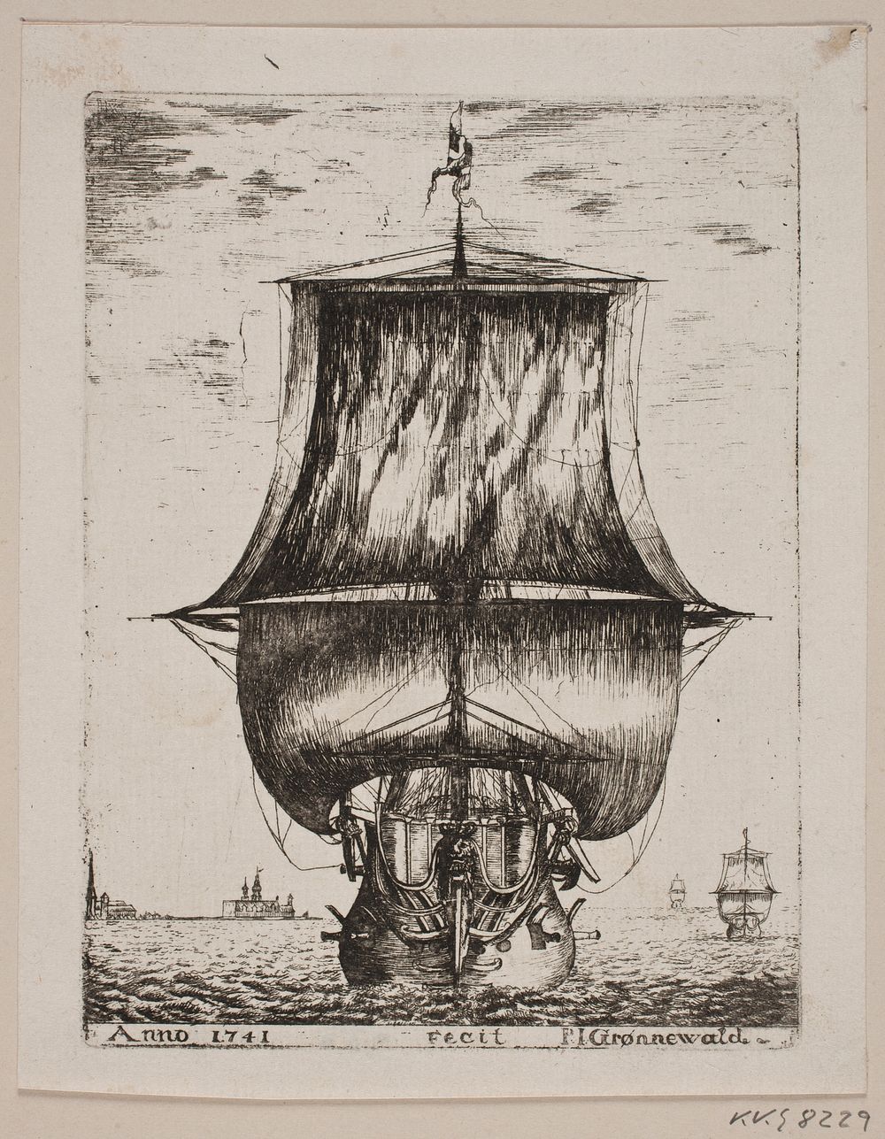 A sailing warship, Kronborg in the background by Poul Isac Gr&oslash;nvold