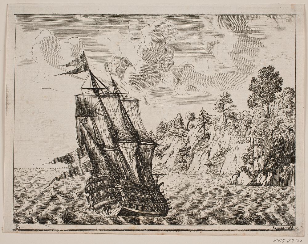 Danish warship on a rocky coast by Poul Isac Grønvold